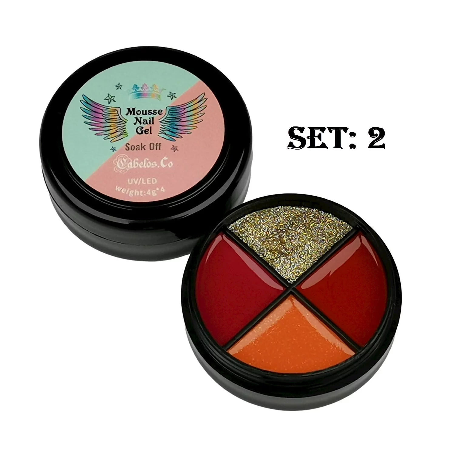 Product image Mousse UV Nail Gel - Gel Polish many different colors, blue, red, black, orange, white and green or gold glimmer glitter set 2