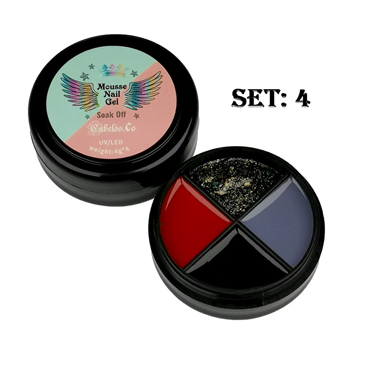 Product image Mousse UV Nail Gel - Gel Polish many different colors, blue, red, black, orange, white and green or gold glimmer glitter set 4